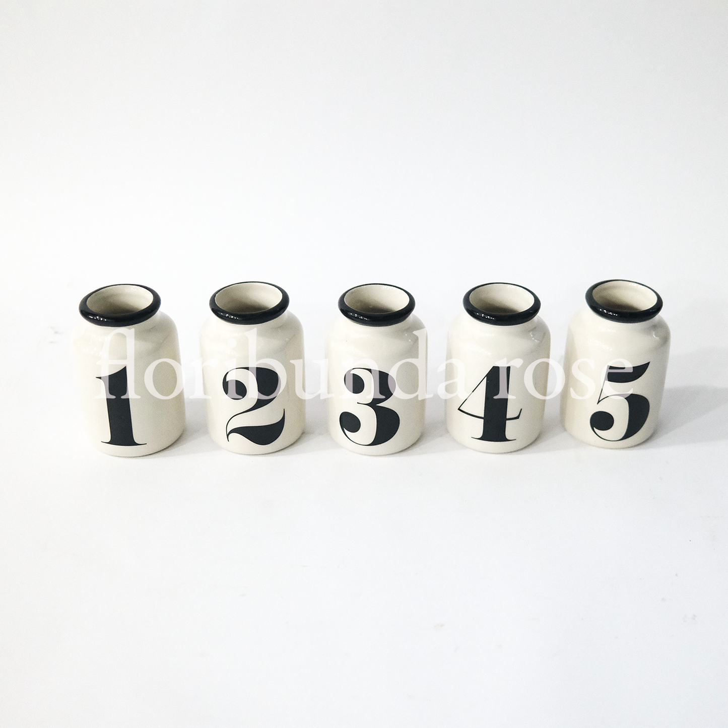 Set of five ceramic numbered vases with black number detail